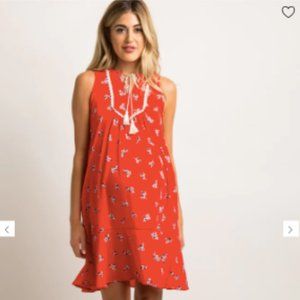 PINKBLUSH | Red Floral Crochet Tassel Tie Maternity Shift Dress | Size M | EUC